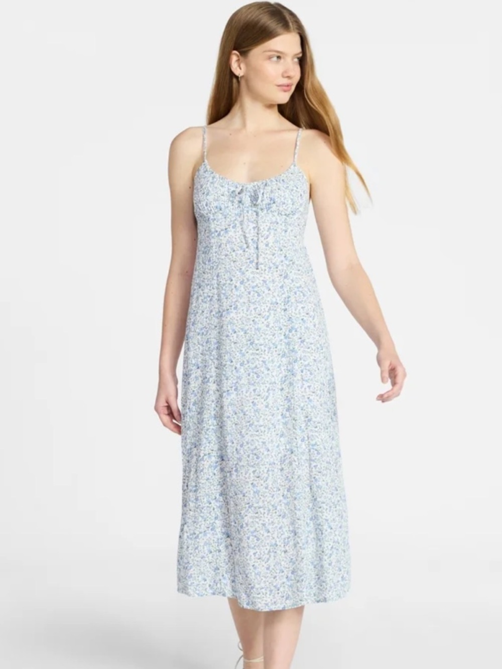 Walmart No Boundaries Light Blue Floral Shirred Midi Dress -NWT